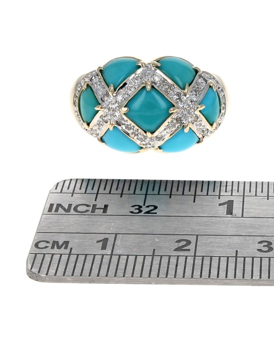 Turquoise Cabochon and Diamond Lattice Ring in White and Yellow Gold